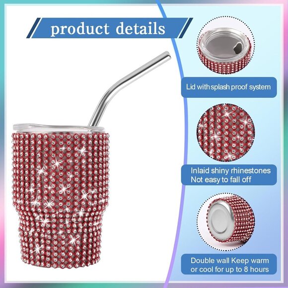 Red 3oz Diamond Stainless Steel Tumbler Shot Glass with Straw – Mini Travel Cup - Picture 3 of 6